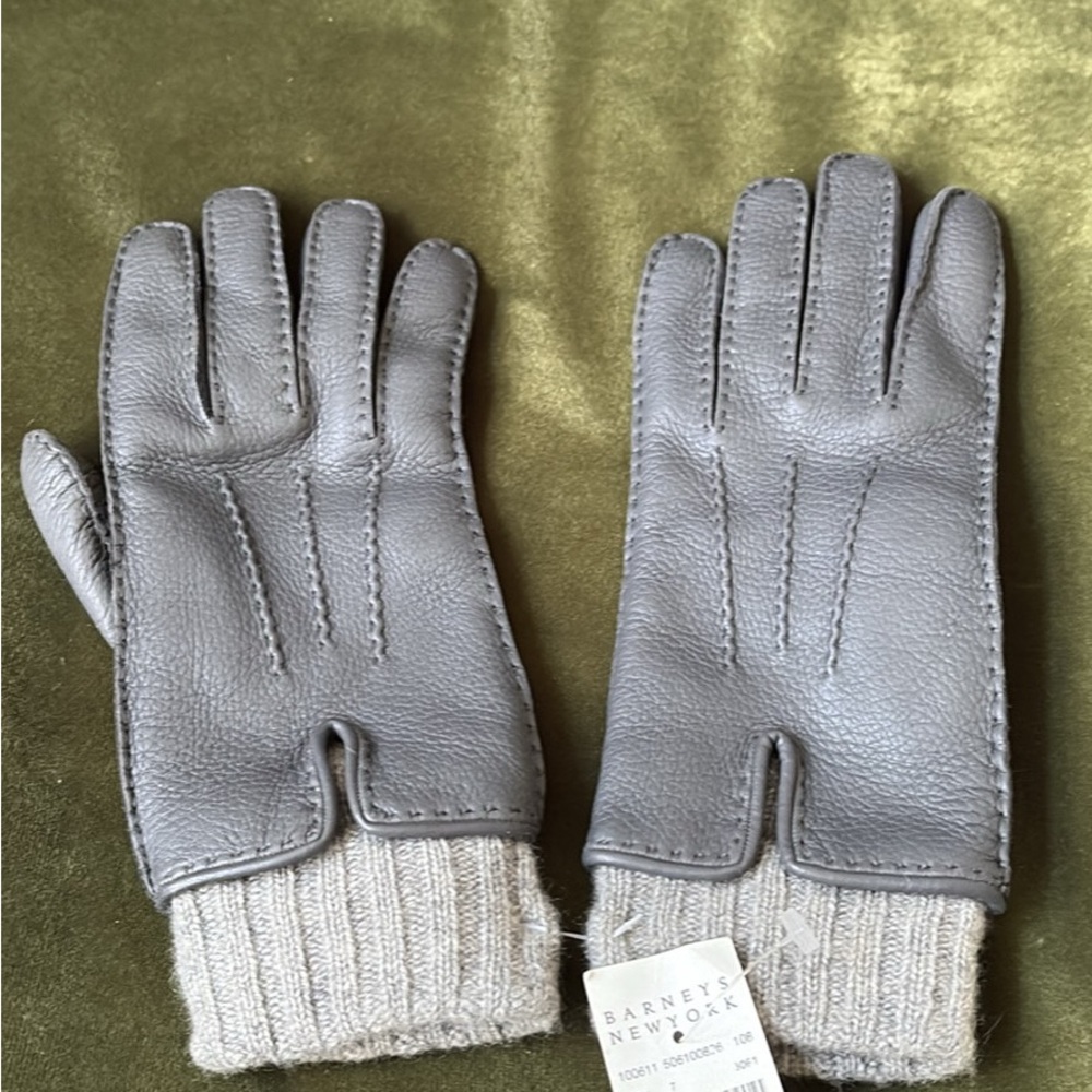 Barneys New York Gray Leather Gloves